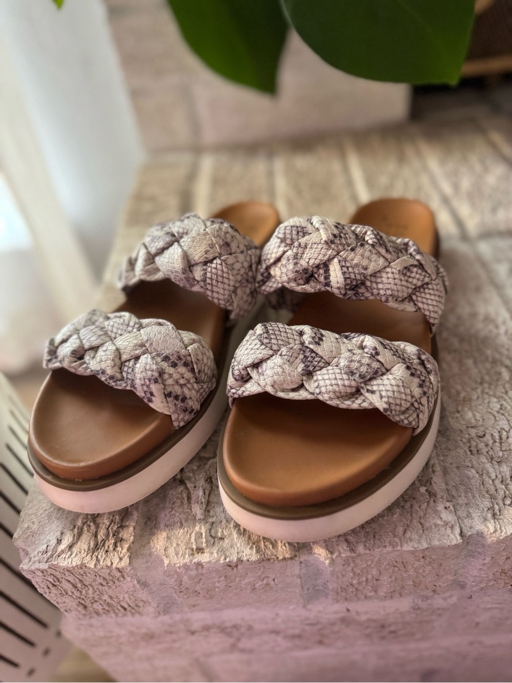 a new day Braided Slide Sandals in Snake-Print White and Gray